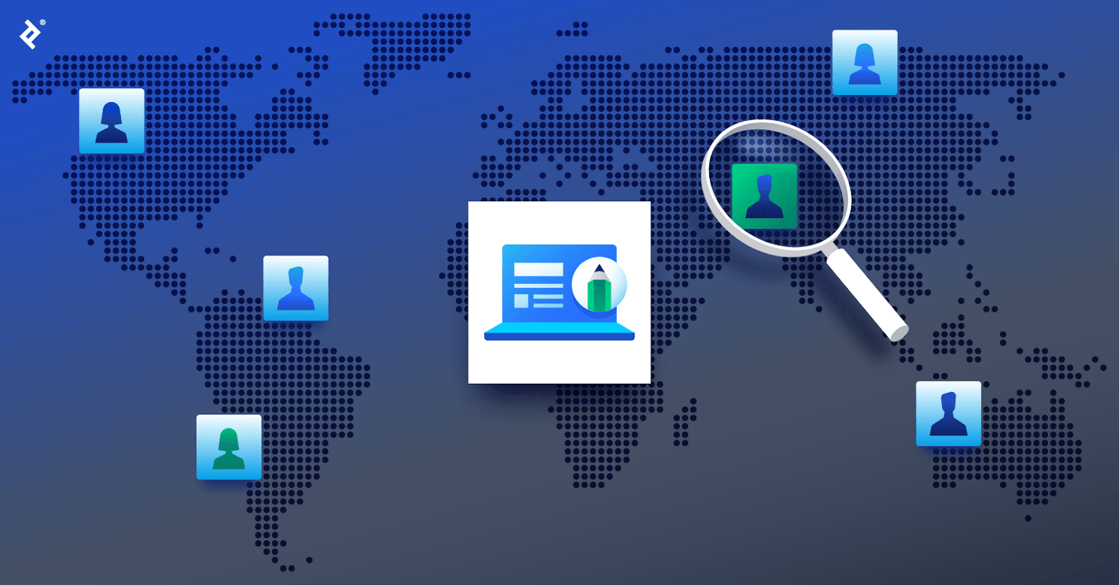 Potential talent icons are scattered across a map. In the center is a computer screen and pencil, with blue web designer icons in various locations and a magnifying glass on a green one.