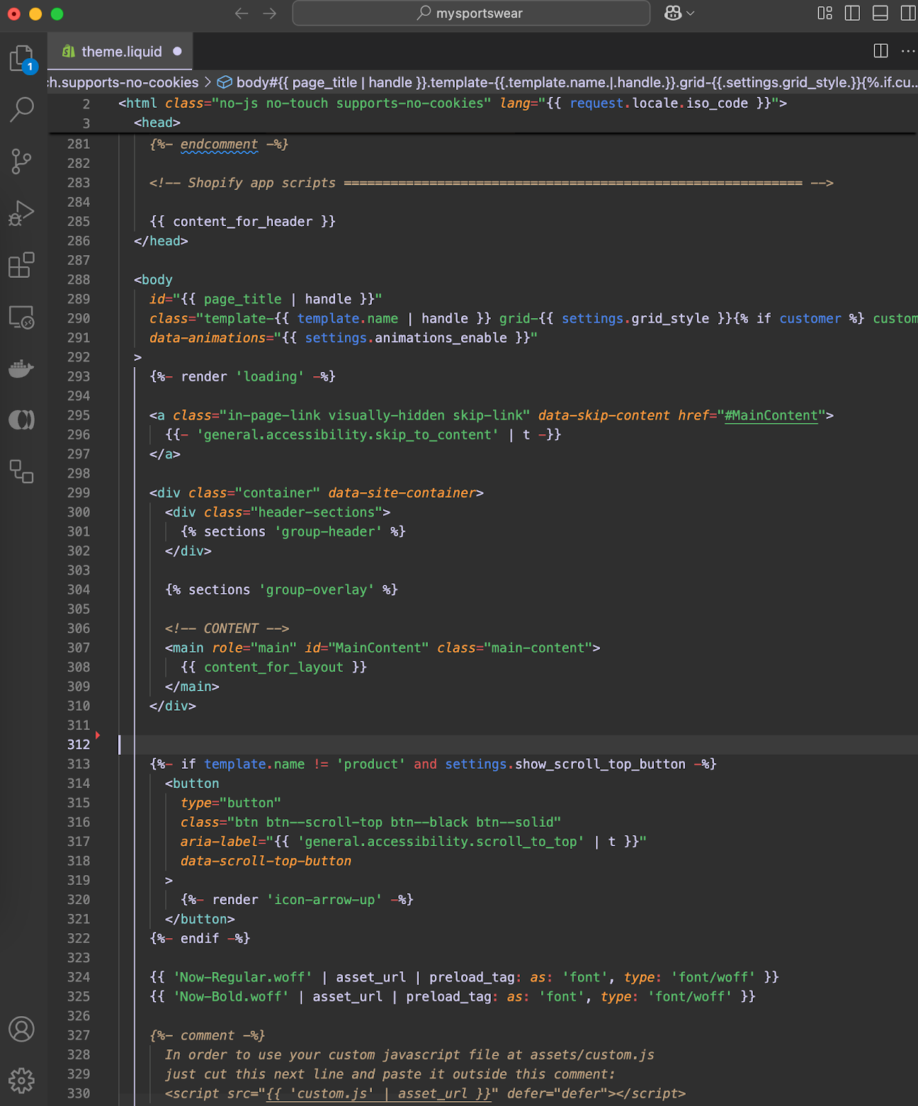A screen capture of Visual Studio Code with the Liquid extension showing a Shopify theme.