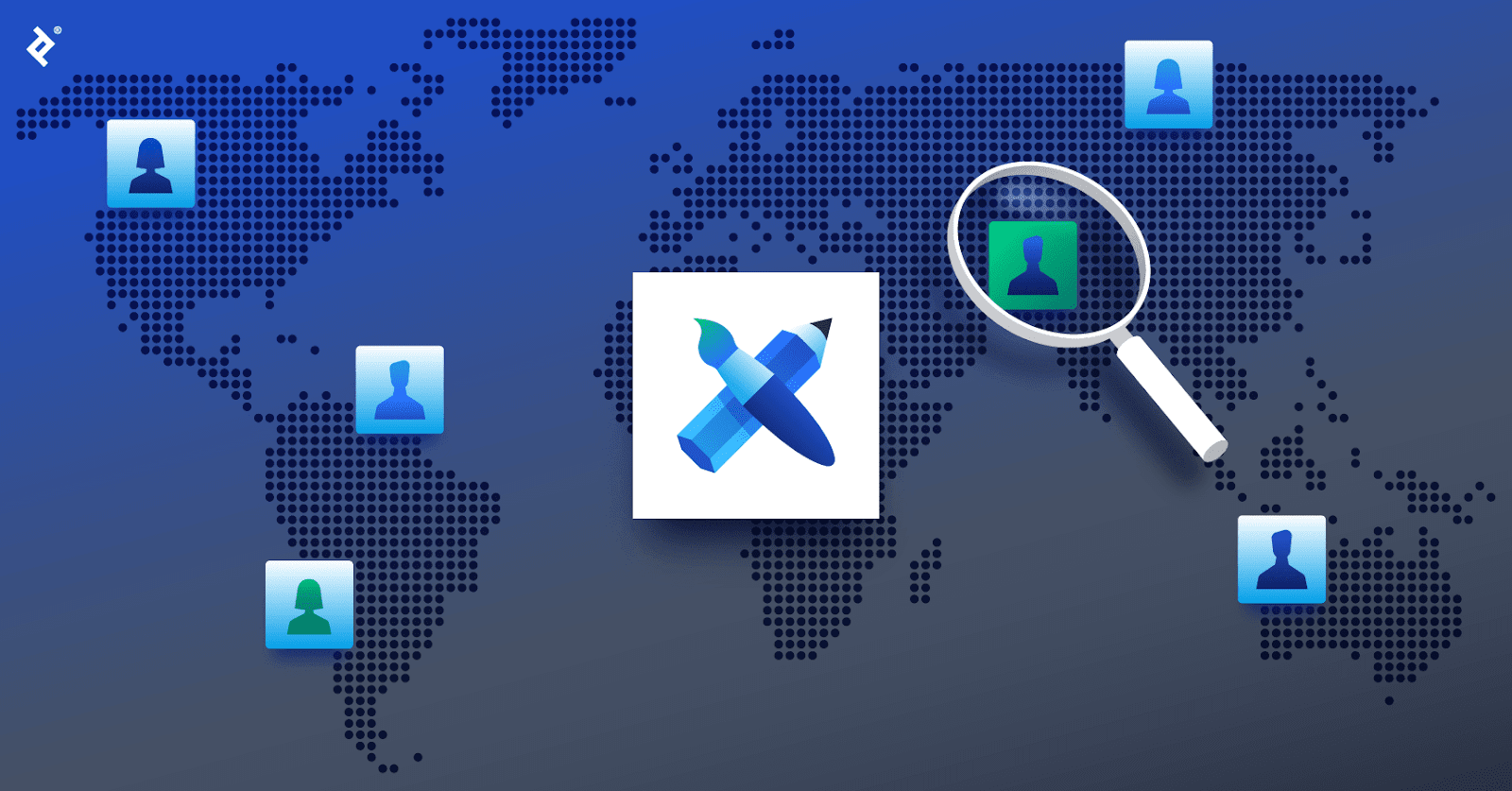 An illustration icon over a global map, with blue illustration icons in various locations and a magnifying glass over a green illustration icon.