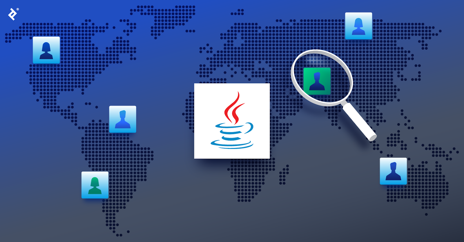 The Java logo over a global map, with blue developer icons in various locations and a magnifying glass over a green developer icon.