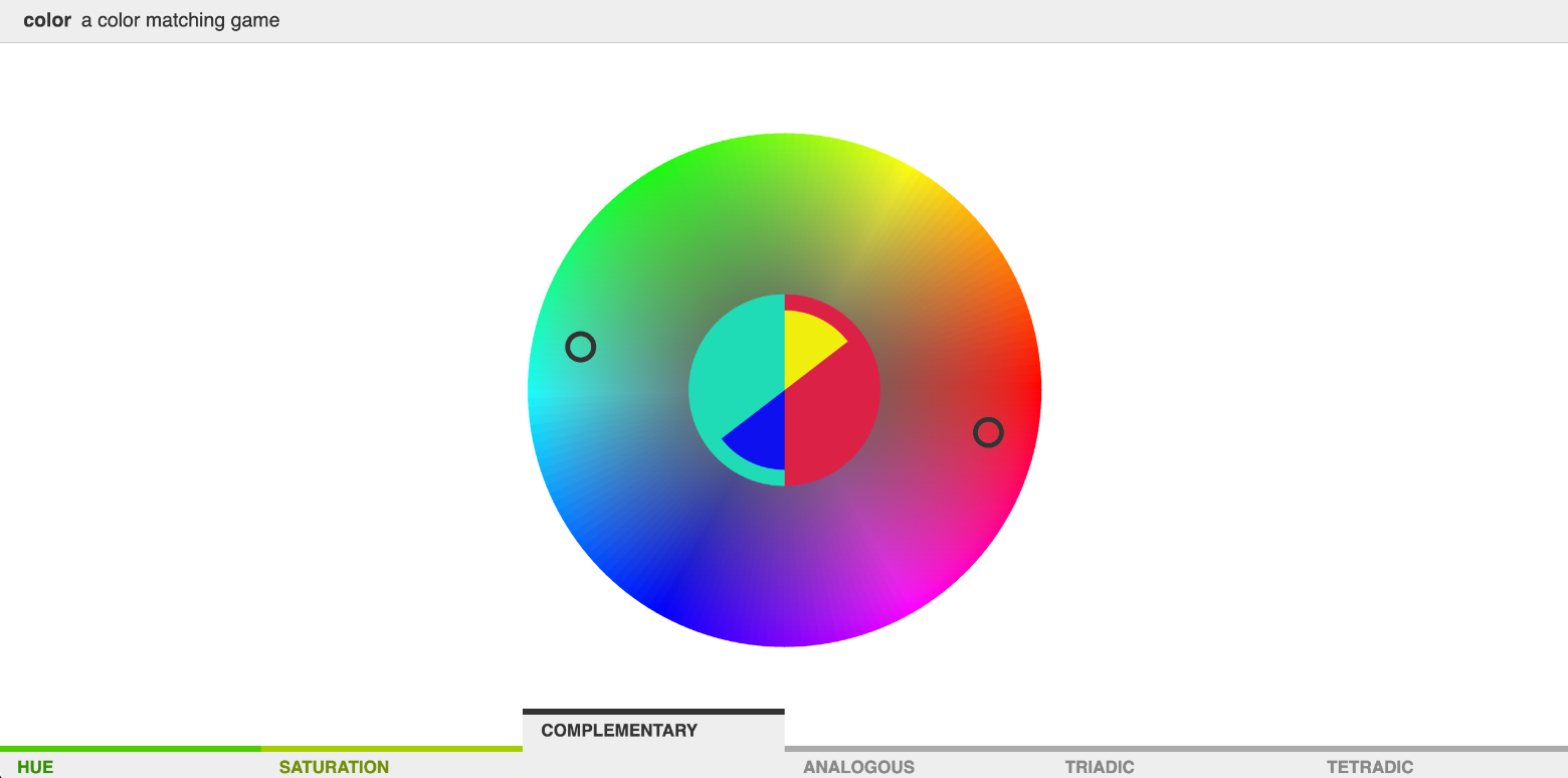 The beginning of Color, an online game for designers. A color wheel showing complementary colors and an internal timer in the center.