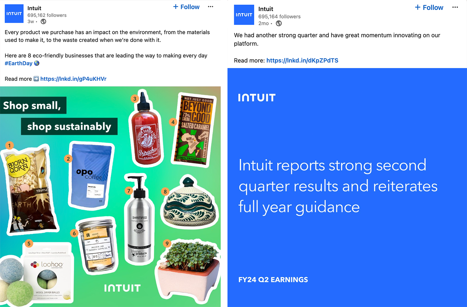 Two LinkedIn posts from Intuit use different typography styles. One reads, “Shop small, shop sustainably,” alongside product photos. The other reports quarterly results.