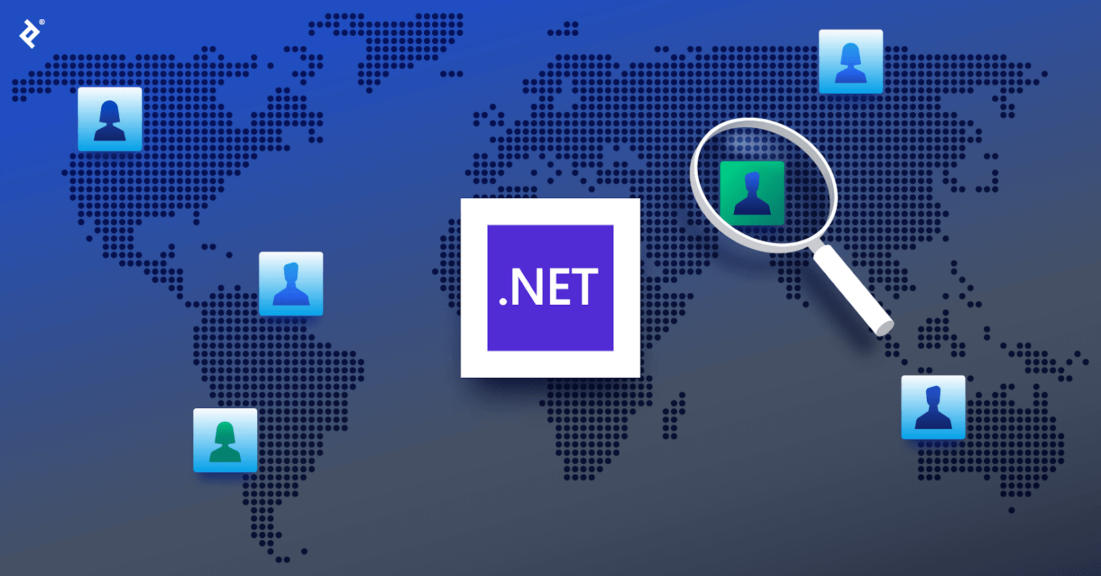 The .NET logo over a global map, with blue developer icons in various locations and a magnifying glass over a green developer icon.