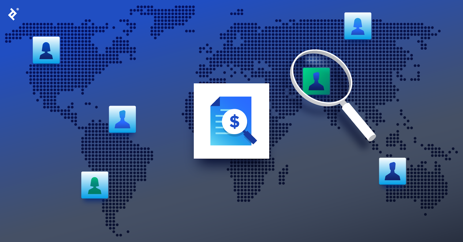 A financial record sits at the center of a global map, with blue management consultant icons in various locations and a magnifier on a green one.