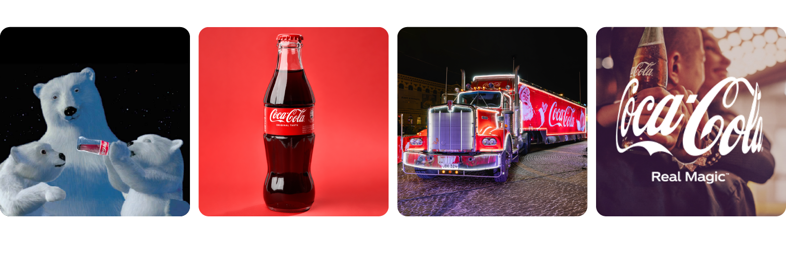 A collage showing Coca-Cola’s brand elements: polar bears sharing a soda, a classic glass bottle on a red background, a brightly lit Coca-Cola holiday truck, and a close-up of a Coca-Cola logo that mimics the bottle’s curvature.