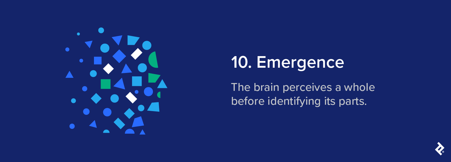 Abstract geometric shapes forming a face silhouette, labeled “Emergence,” illustrating how the brain recognizes a whole before its individual parts.