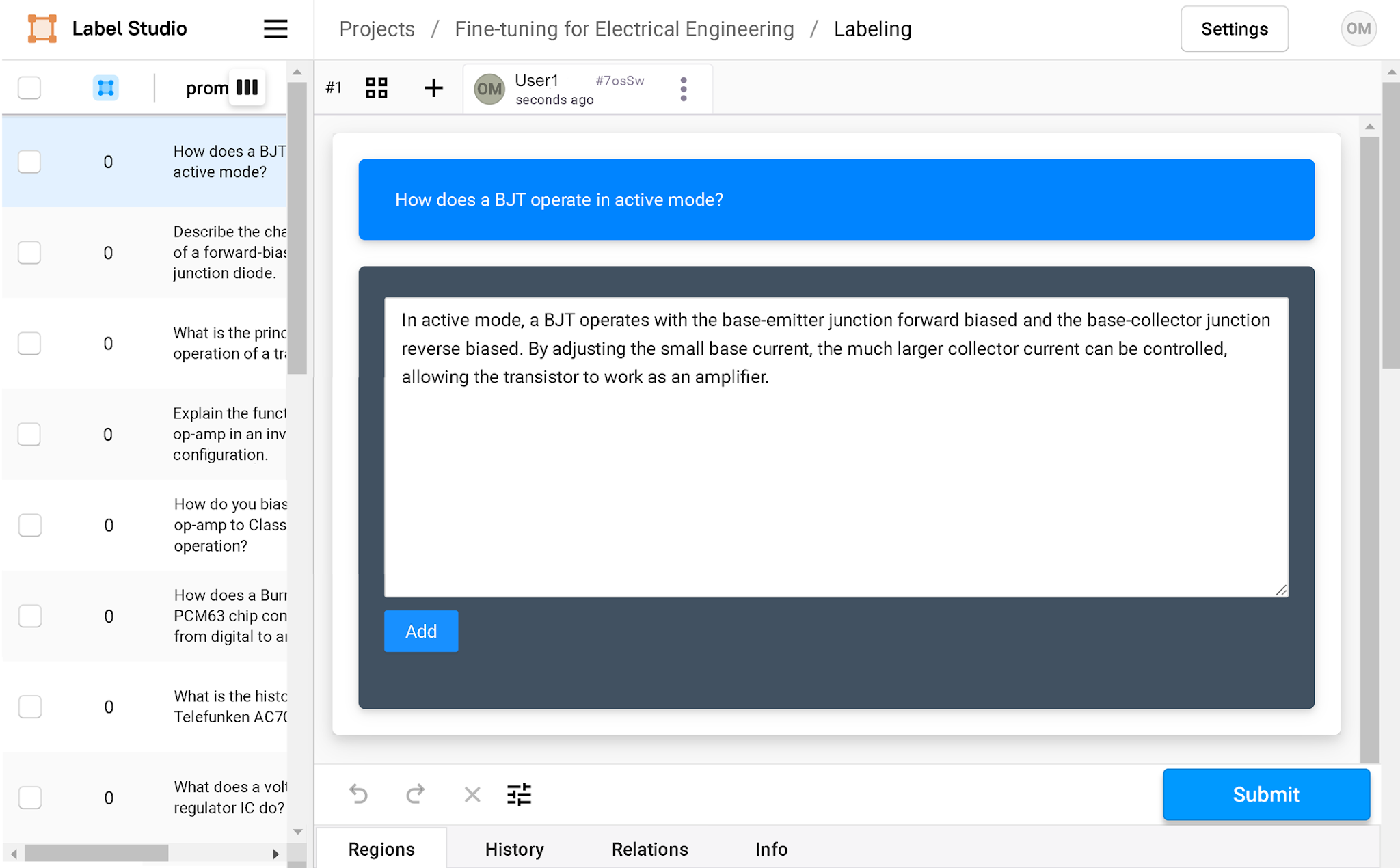 Label Studio annotation window where the expected response to a prompt is input.