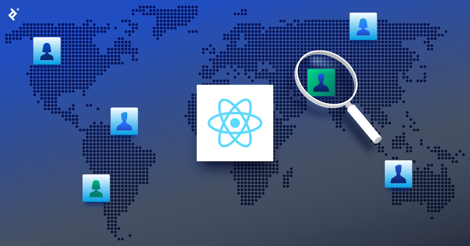 The React logo over a global map, with blue developer icons in various locations and a magnifying glass over a green developer icon.