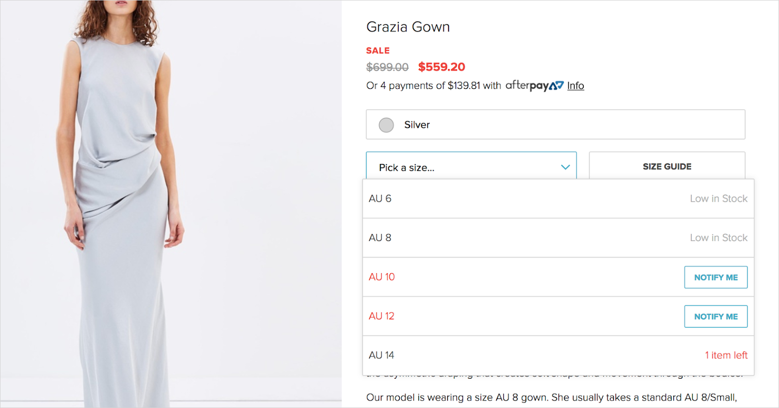 Real-time stock information for a dress on an e-commerce website.