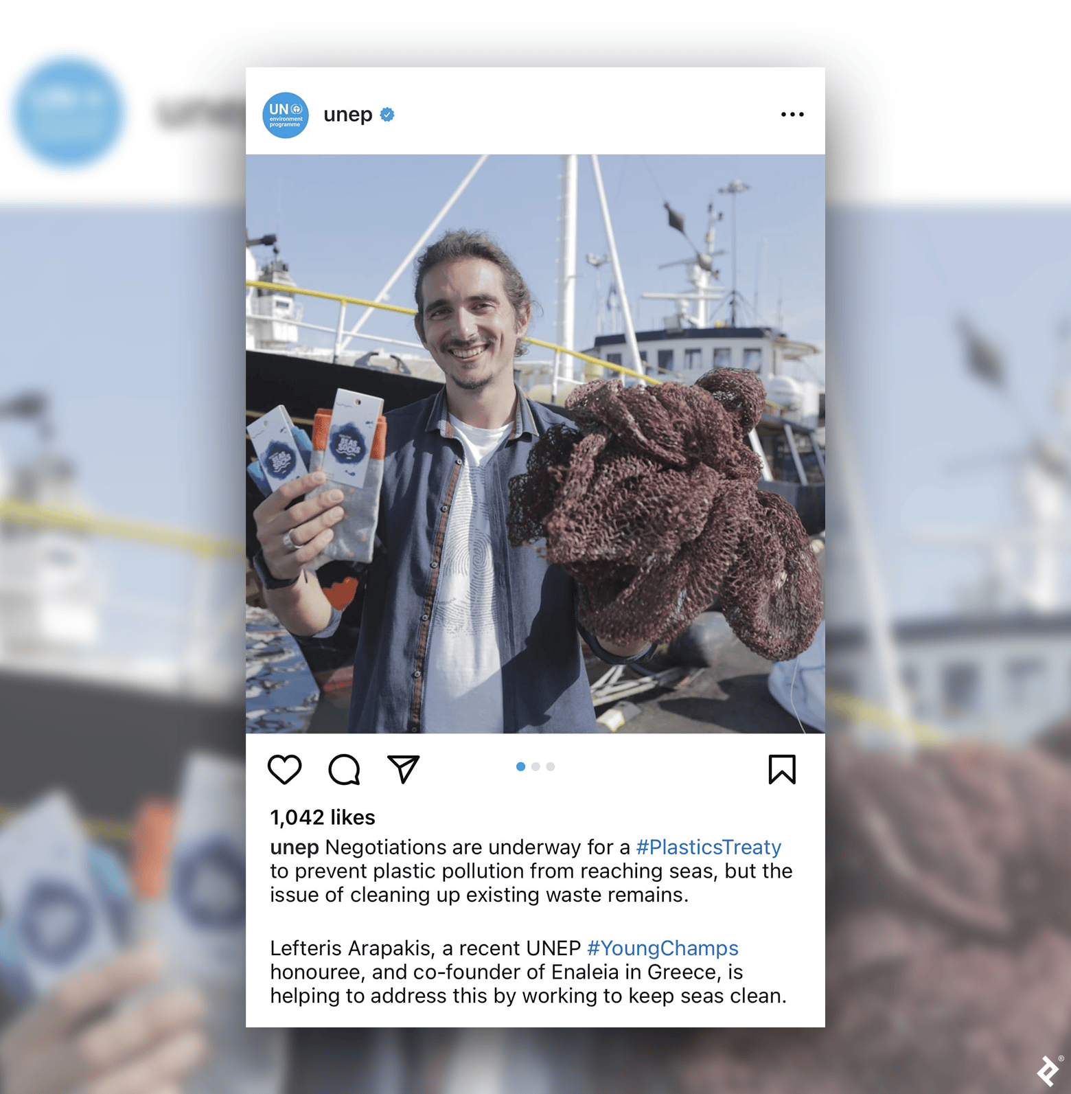 An Instagram post by UNEP shows a photo of a man holding a fishing net and two pairs of Seas Socks in front of a boat.