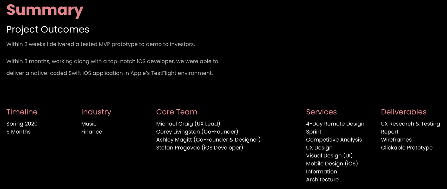 An example of a designer’s case study introduction with the title, “Summary.” At the top of the screen, a header reads “Project Outcomes,” and a list underneath it reads, “Within 2 weeks I delivered a tested MVP prototype to demo to investors” and “Within 3 months, working along with a top-notch iOS developer, we were able to delivered a native-coded Swift iOS application in Apple’s TestFlight environment.” Below this text are five subheads spaced horizontally across the screen, each with a list under it. Under the subhead “Timeline” the list is “Spring 2020” and “6 months.” Under the subhead “Industry” it reads “Music” and “Finance.” Under the subhead “Core Team” it reads “Michael Craig (UX Lead),” “Corey Livingston (Co-Founder),” “Ashley Magitt (Co-Founder & Designer),” and “Stefan Progovac (iOS Developer).” Under the subhead “Services” it reads “4-Day Remote Design Sprint,” “Competitive Analysis,” “UX Design,” “Visual Design (UI),” “Mobile Design (iOS),” and “Information Architecture.” Under the subhead “Deliverables” it reads “UX Research & Testing Report,” “Wireframes,” and “Clickable Prototype.”