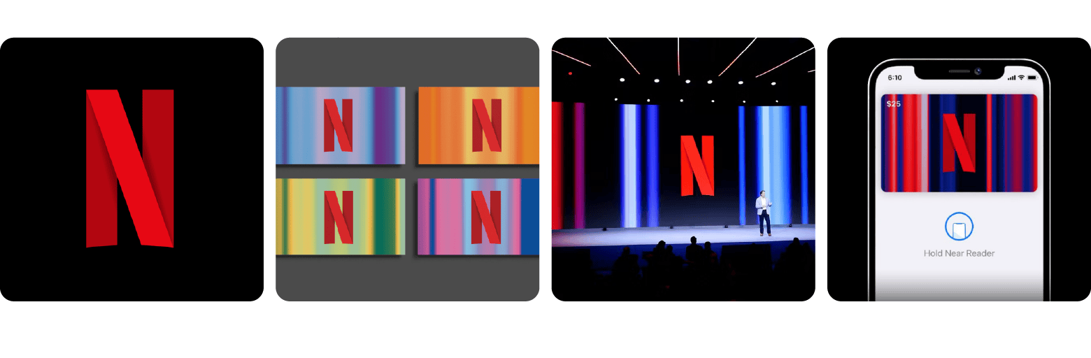 A collage of Netflix’s red “N” logo on a black background, colorful variations on gradient backdrops, displayed on a stage with vertical light bars, and featured on a mobile interface.
