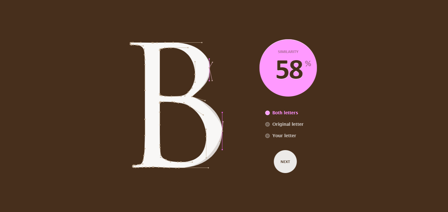 The beginning of Shape Type, an online game for designers. In the center of the screen, there is a large letter "B," with a percentage score, three toggle options, and a Next button at the right.