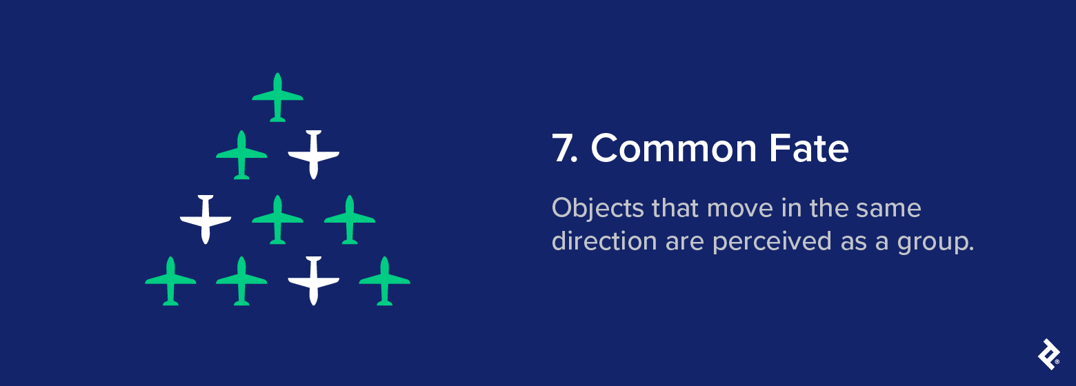 Icons of airplanes moving in the same direction, labeled “Common Fate,” illustrating how objects moving together are perceived as a group.