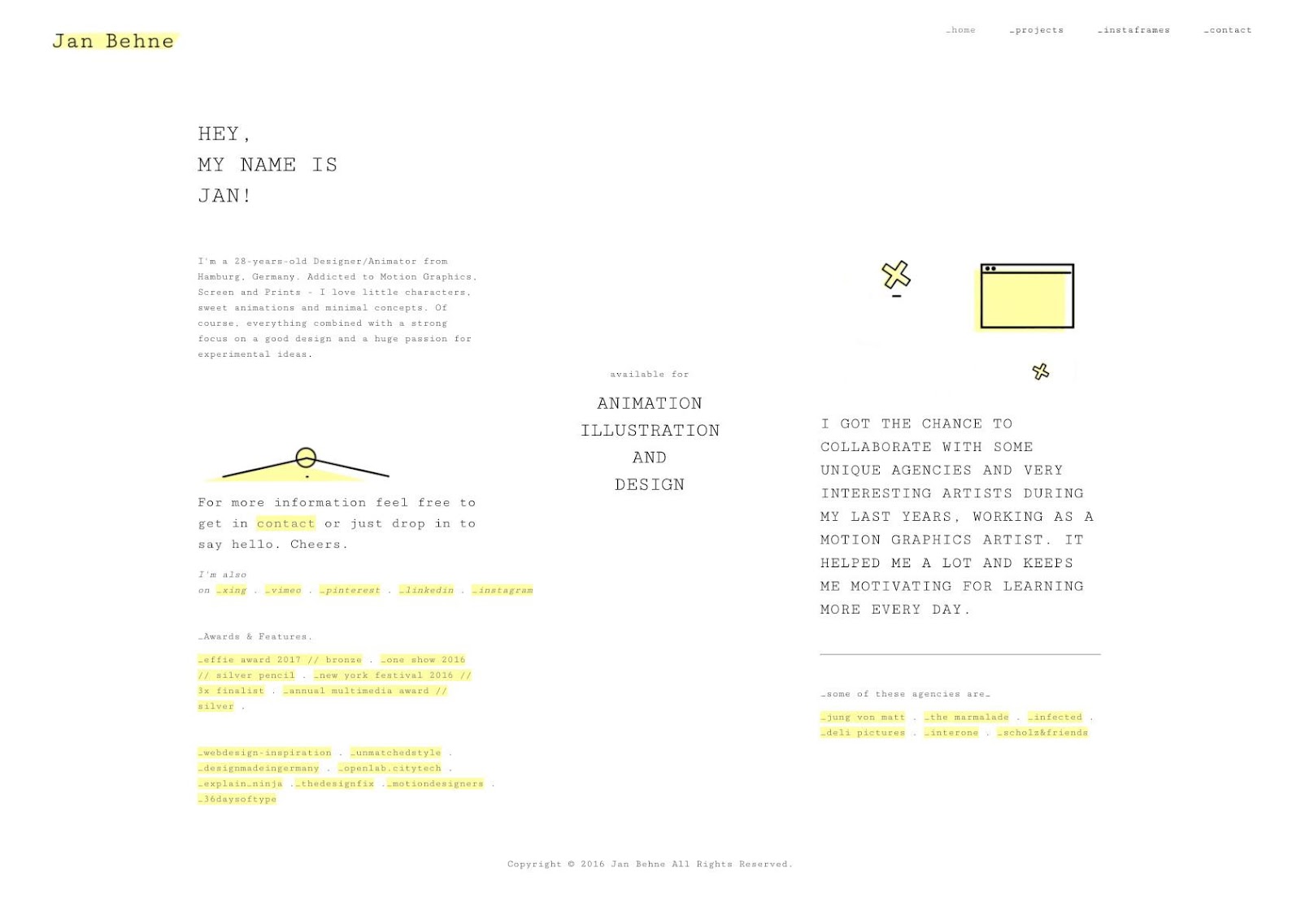 An example of the white space principle of design, showing sparse black text and yellow highlights on a vast, white background.