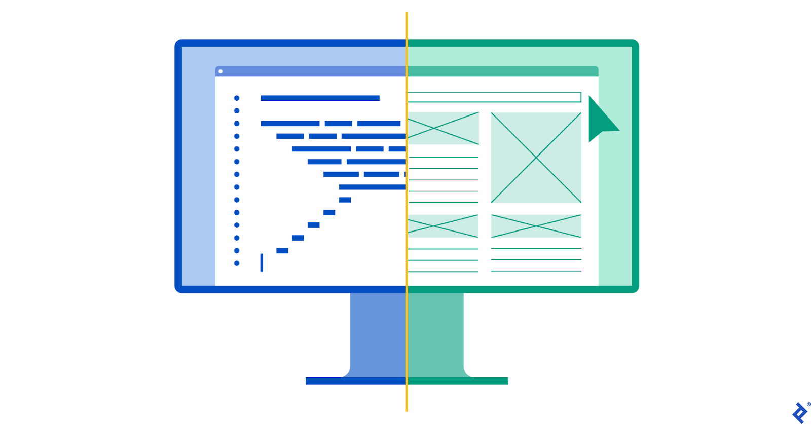 A split screen view of a computer monitor with code on the left and a visual UI builder on the right.