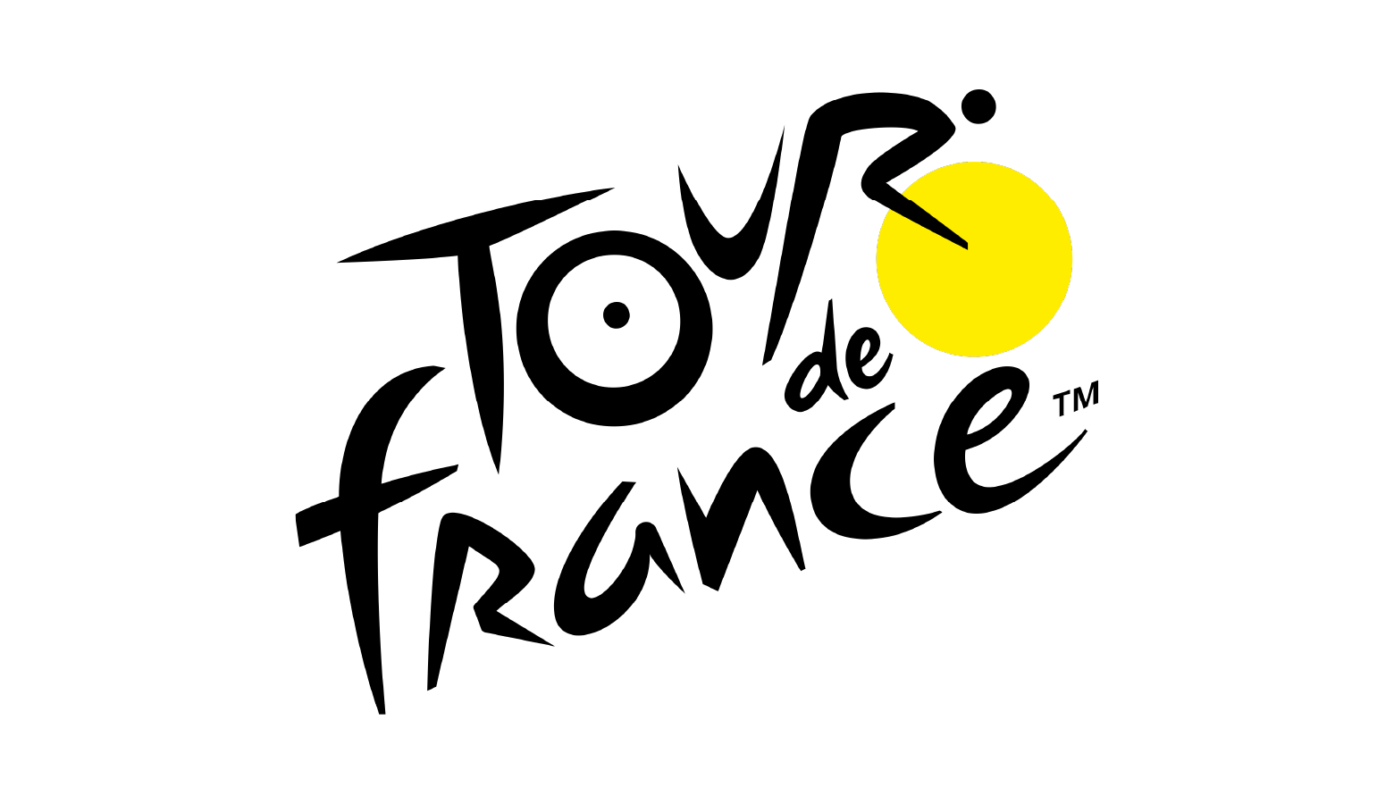 Tour de France logo with stylized lettering forming a cyclist, highlighted by a yellow circle representing the front wheel.