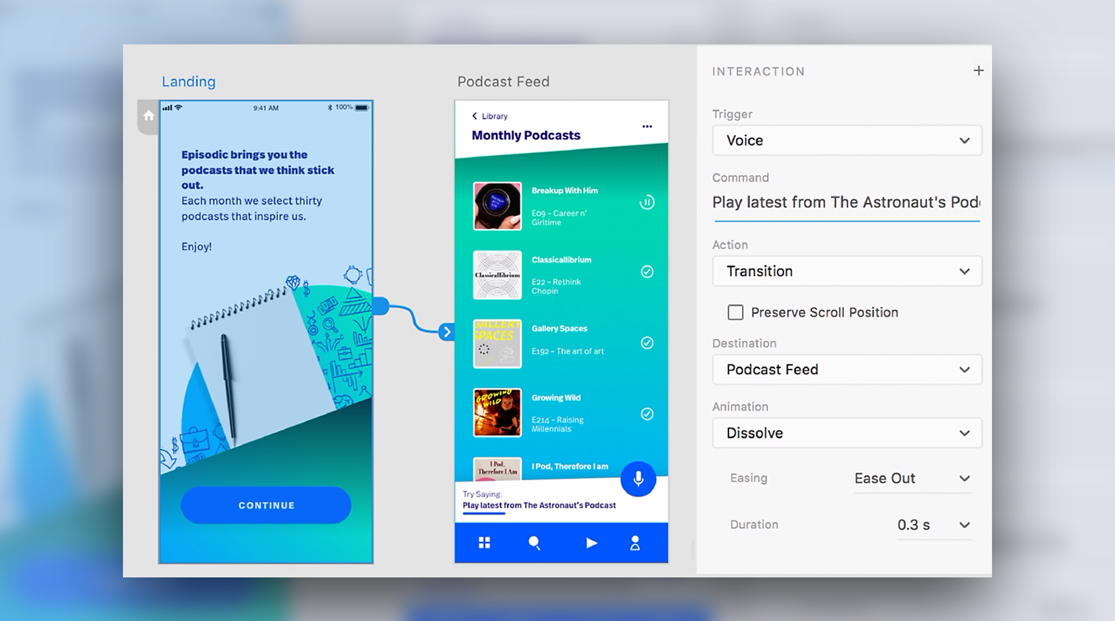Setting up the trigger and command using Adobe’s Voice Prototyping feature.