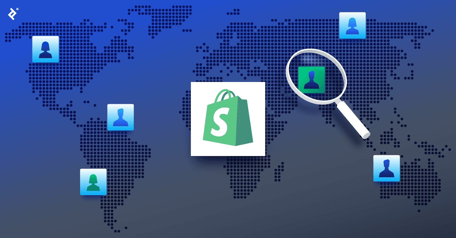 The Shopify logo over a global map, with blue developer icons in various locations and a magnifying glass over a green developer icon.
