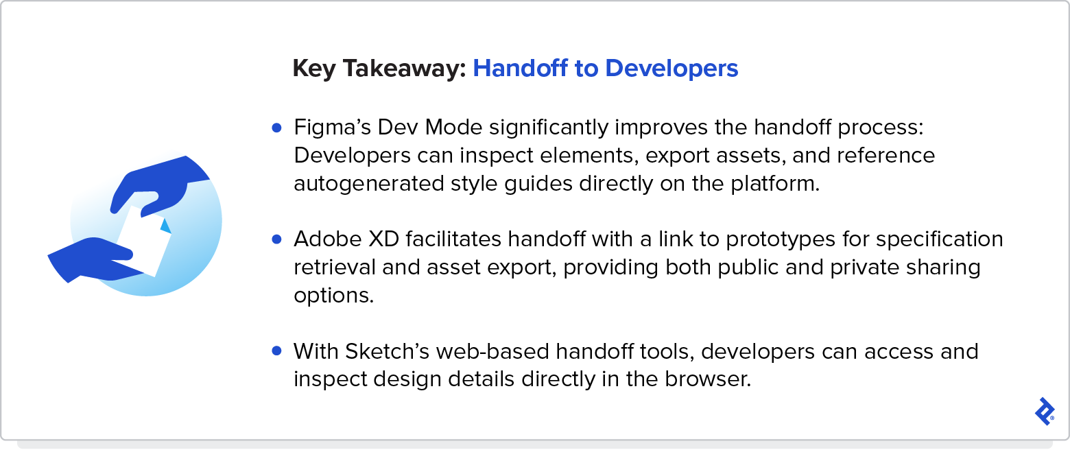 Three key takeaways in relation to developer handoff features in Figma, Adobe XD, and Sketch.