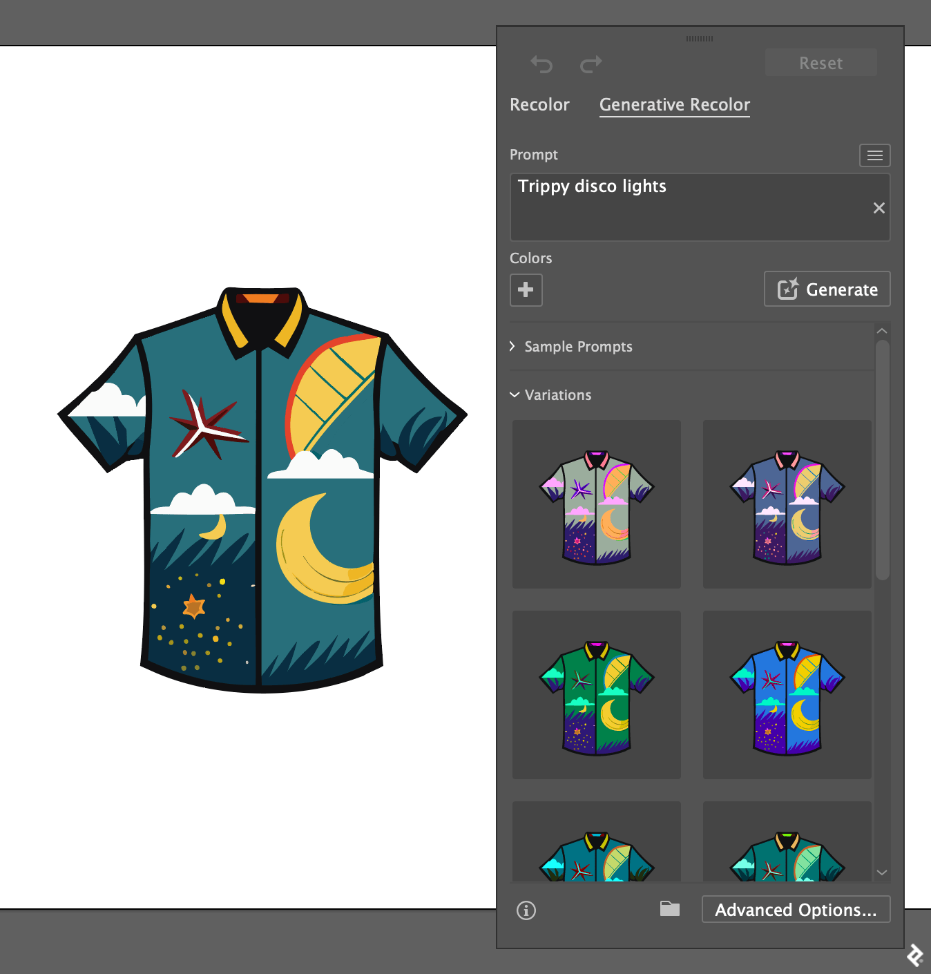 Short-sleeved shirt with abstract night and day designs shown beside an interface for generative color variations with the prompt “Trippy disco lights.”