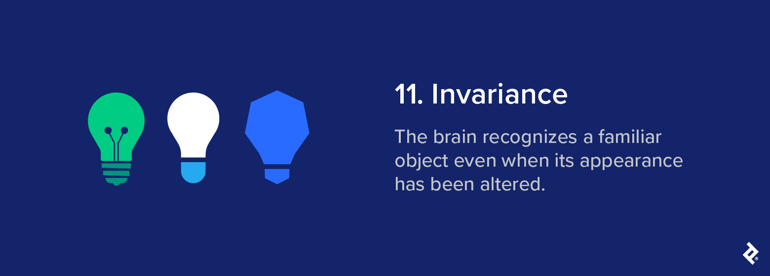 Different stylized light bulb shapes, labeled “Invariance,” illustrating how the brain recognizes an object despite changes in its appearance.