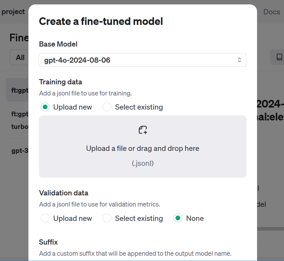 The dialogue window for creating a fine-tuned model at platform.openai.com.