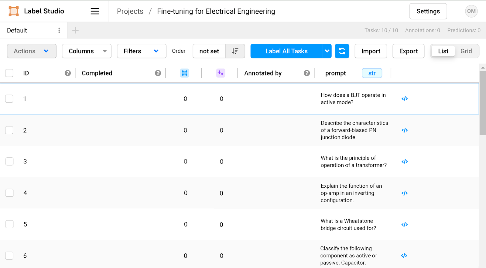 Label Studio dashboard showing the initial set of prompts.