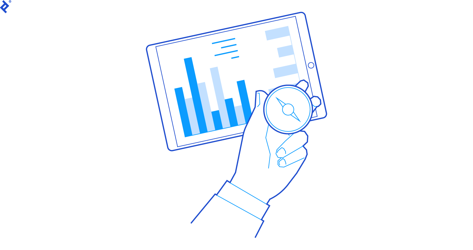 A hand holding a compass is superimposed over an iPad displaying a bar chart.