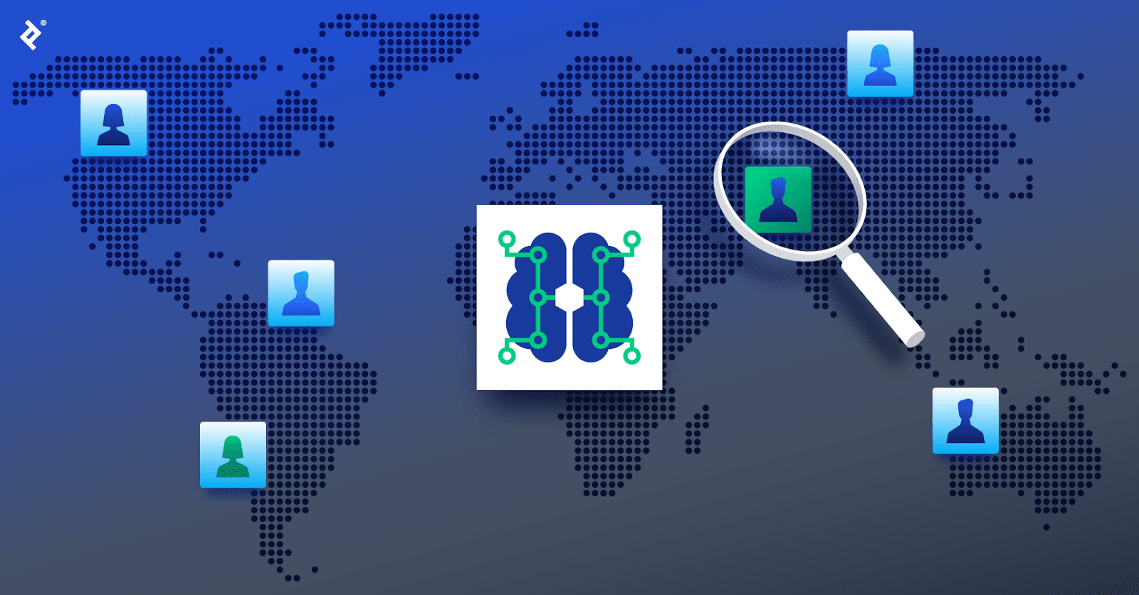 An artificial intelligence icon over a global map, with blue developer icons in various locations and a magnifying glass over a green developer icon.