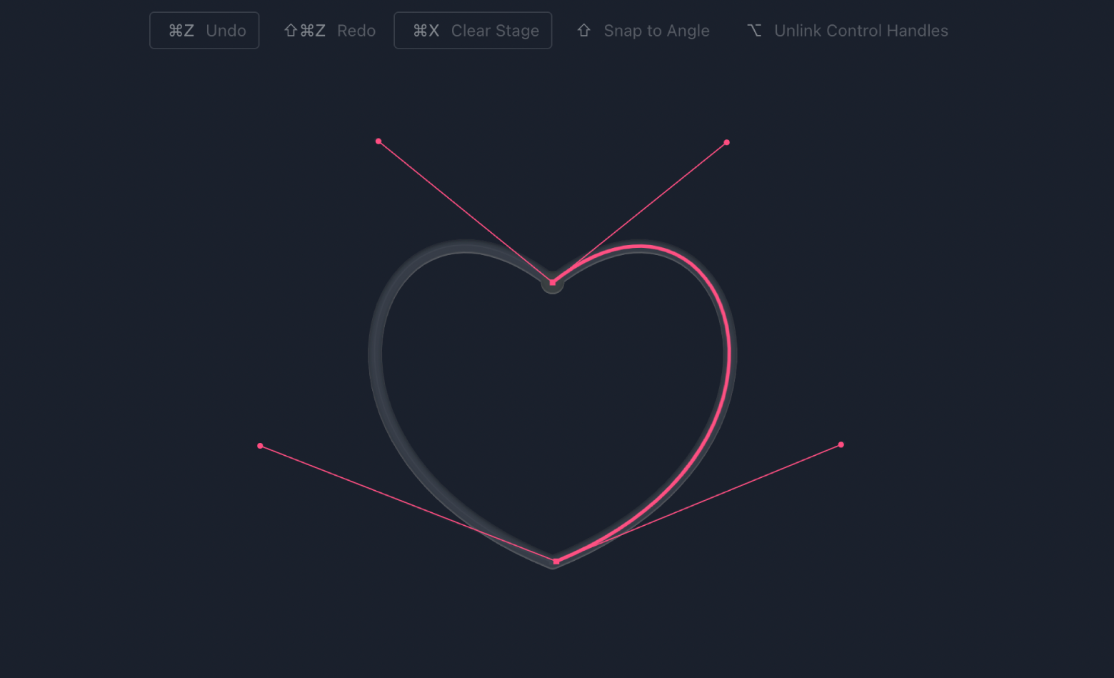 The beginning of The Bézier Game, an online game for designers. The outline of a heart with anchor points is at the center of the screen.