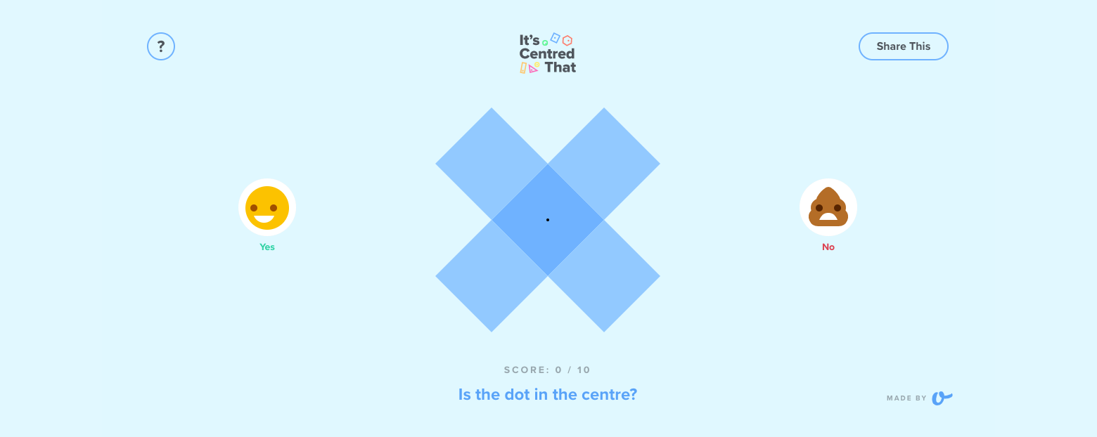 The beginning of It's Centred That, an online game for designers. The screen includes a large blue cross in the middle, a smiley emoticon on the left, and a sad emoticon on the right.
