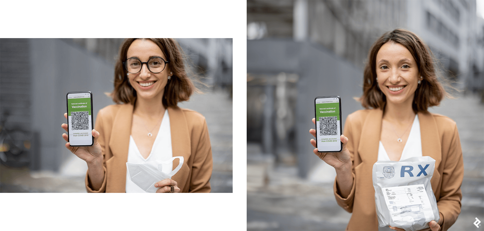 Side-by-side of a woman wearing a blazer and holding a smartphone with a vaccination certificate. On the left, she wears glasses and holds a white face mask. On the right, she is without glasses and holds a prescription package labeled “RX.” The images highlight photo edits made using Adobe generative AI art tools.