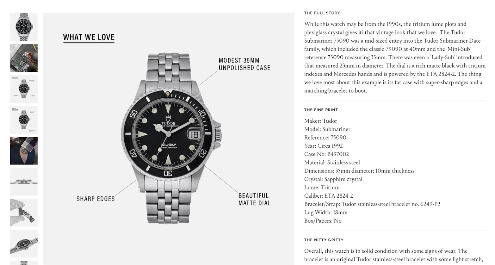 A watch e-commerce website displays a large product image and detailed product information.