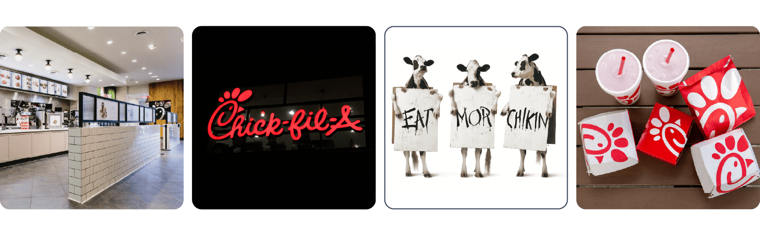 A collage showing Chick-fil-A’s branding: a restaurant interior, a red neon logotype, the “Eat Mor Chikin” cows, and branded red-and-white packaging.