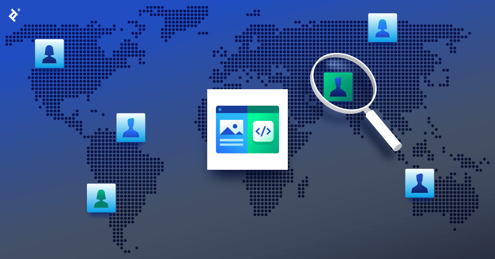 A front-end development icon over a global map, with blue developer icons in various locations and a magnifying glass over a green developer icon.