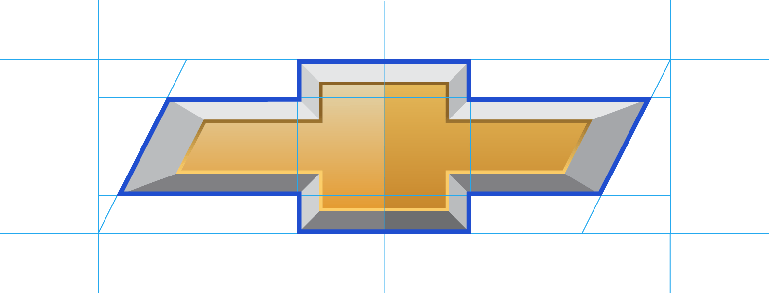 A rendering of Chevrolet’s bow-tie logo with blue guide lines that illustrate its balanced design and subtle slanted bevels that create a sense of movement.