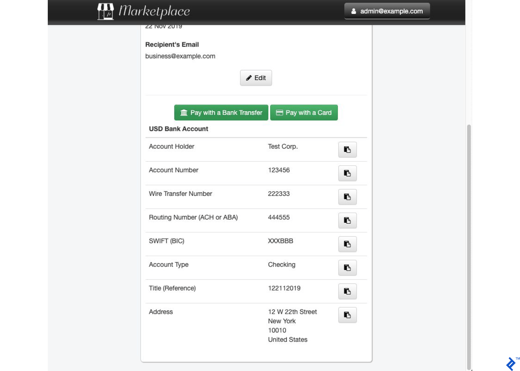 Payment via Bank Transfer