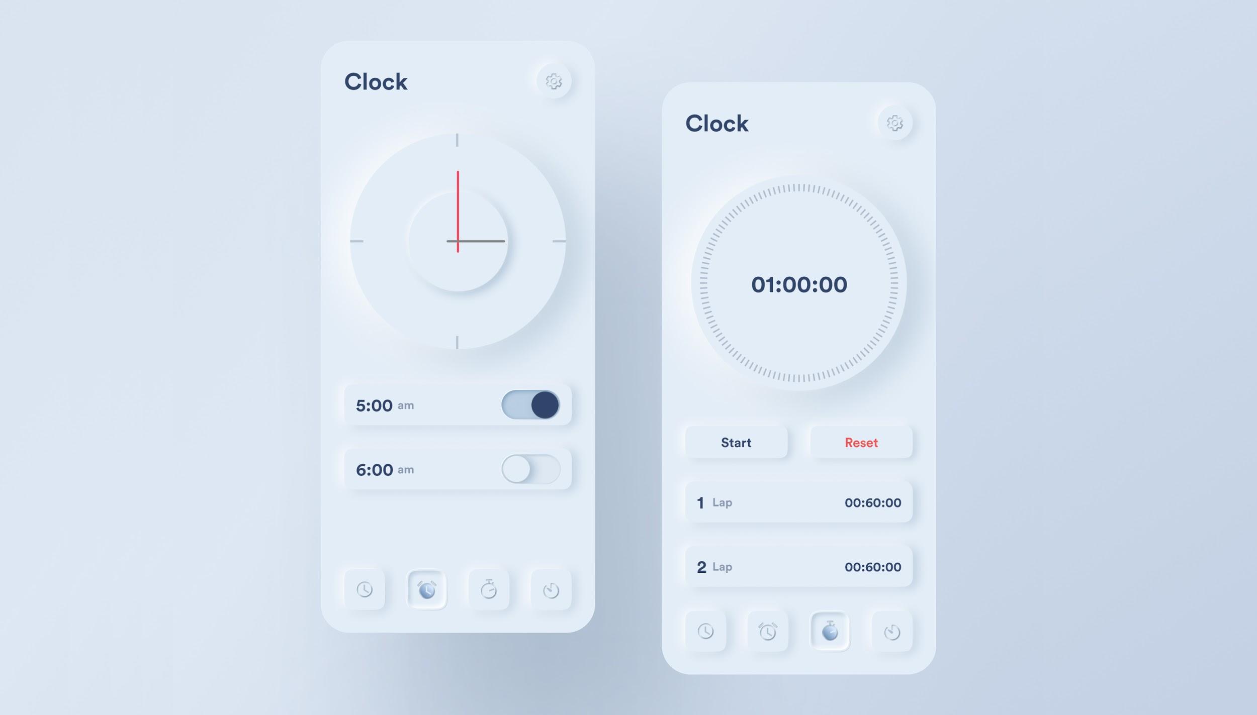 Neumorphic clock app, another mobile UX design trend