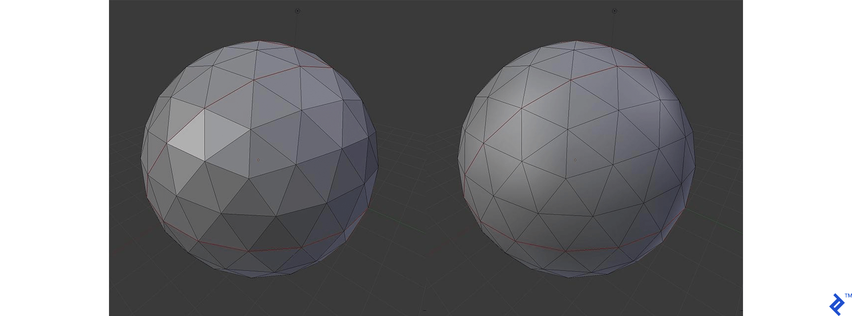 Spheres with the same wireframe, that have flat and smooth shading applied