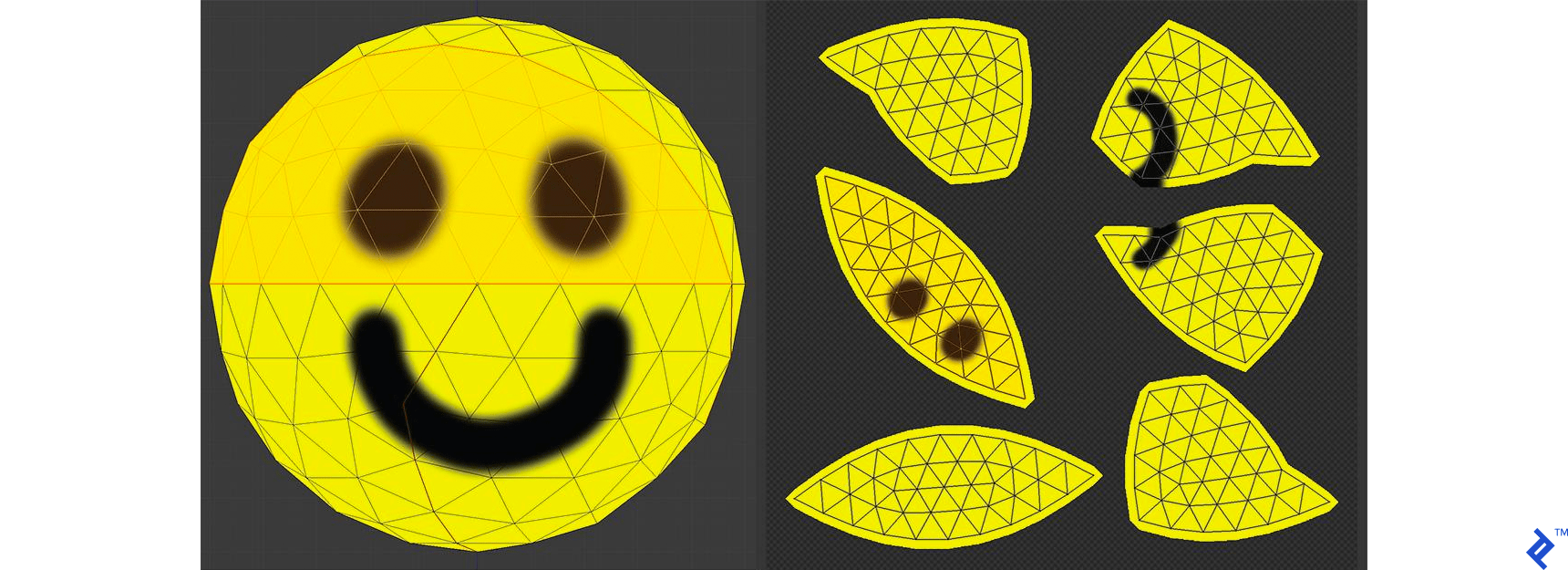 Demonstration of UV mapping, with one patch highlighted, and seams visible on the model