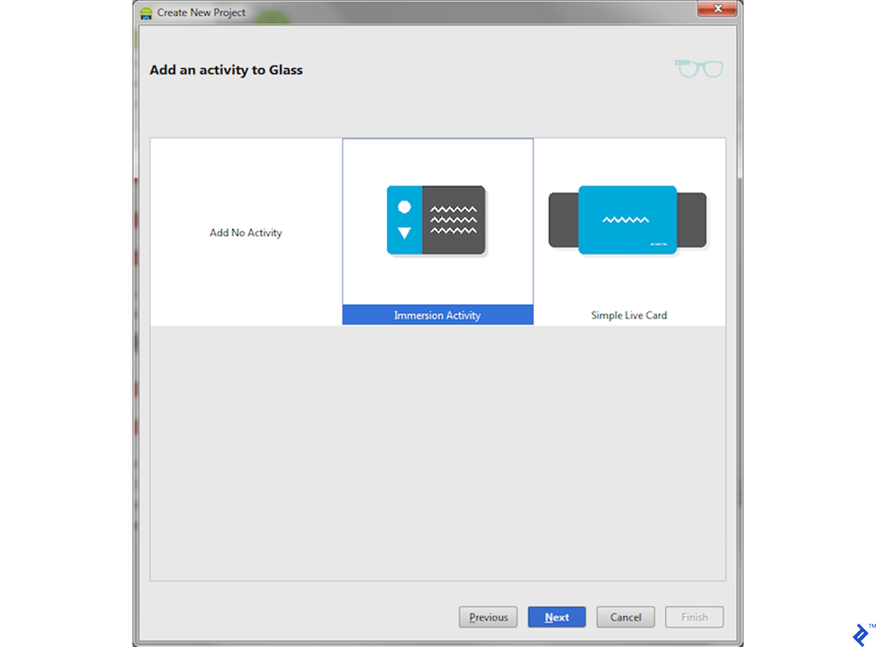 Immersion Activity is the preferred Glass app development startup activity.