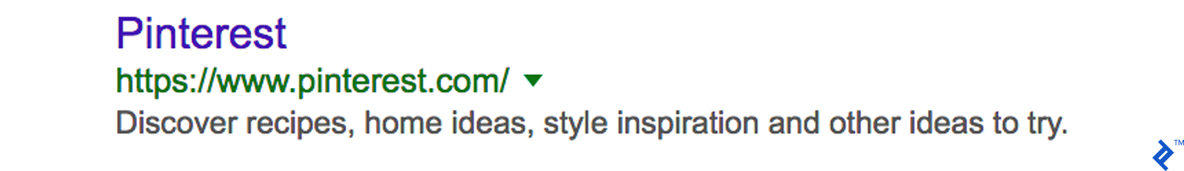 Screenshot of a search engine result for Pinterest. The HTML description reads "Discover recipes, home ideas, style inspiration and other ideas to try."
