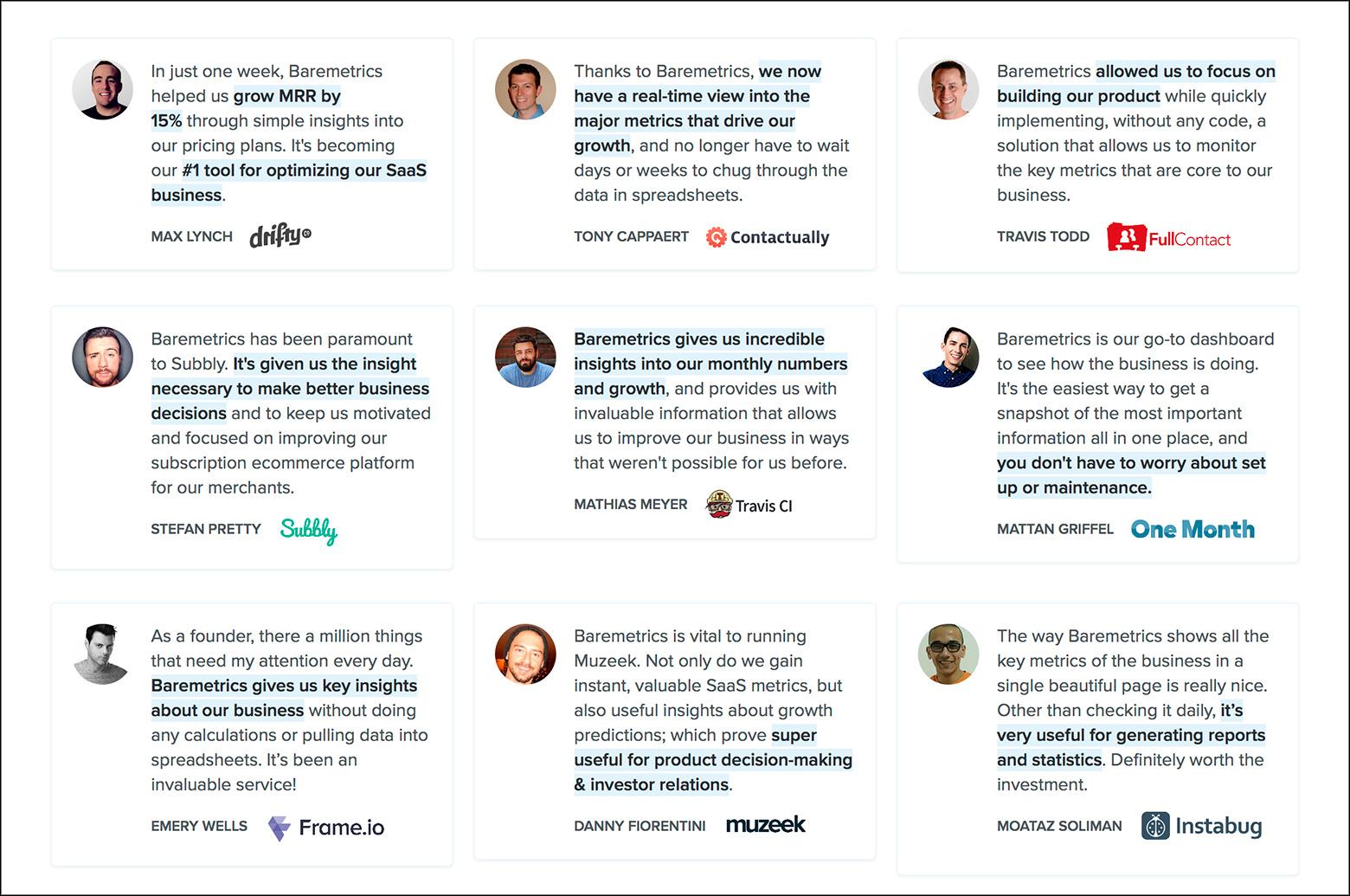 Persuasive design examples: social proof on Baremetrics Wall of Love