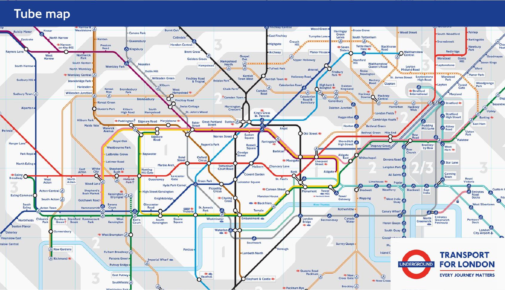 Navigational design mimics public transportation systems, like the London Underground.