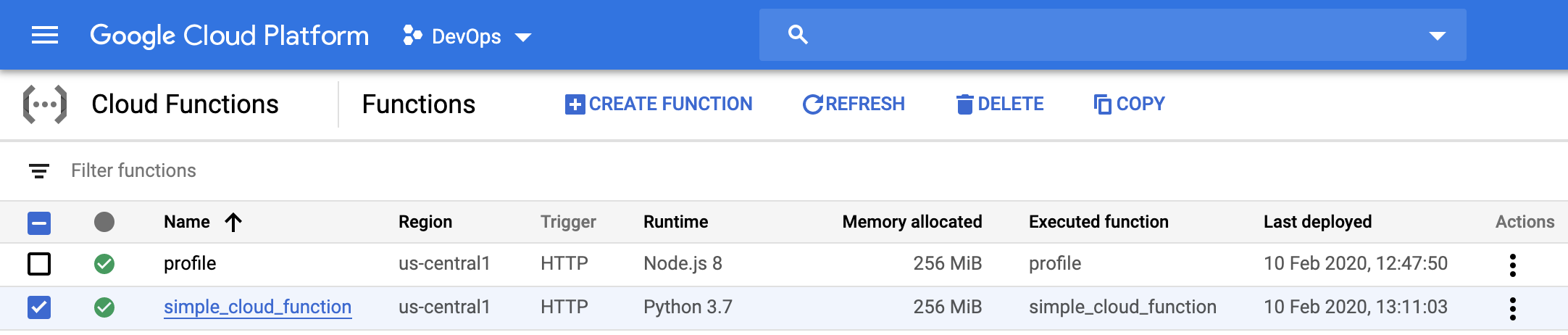 Google Cloud Console: Functions