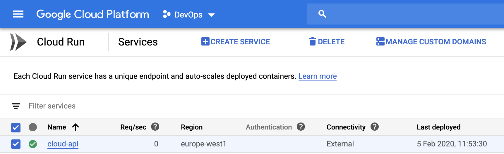 Google Cloud Console: Services