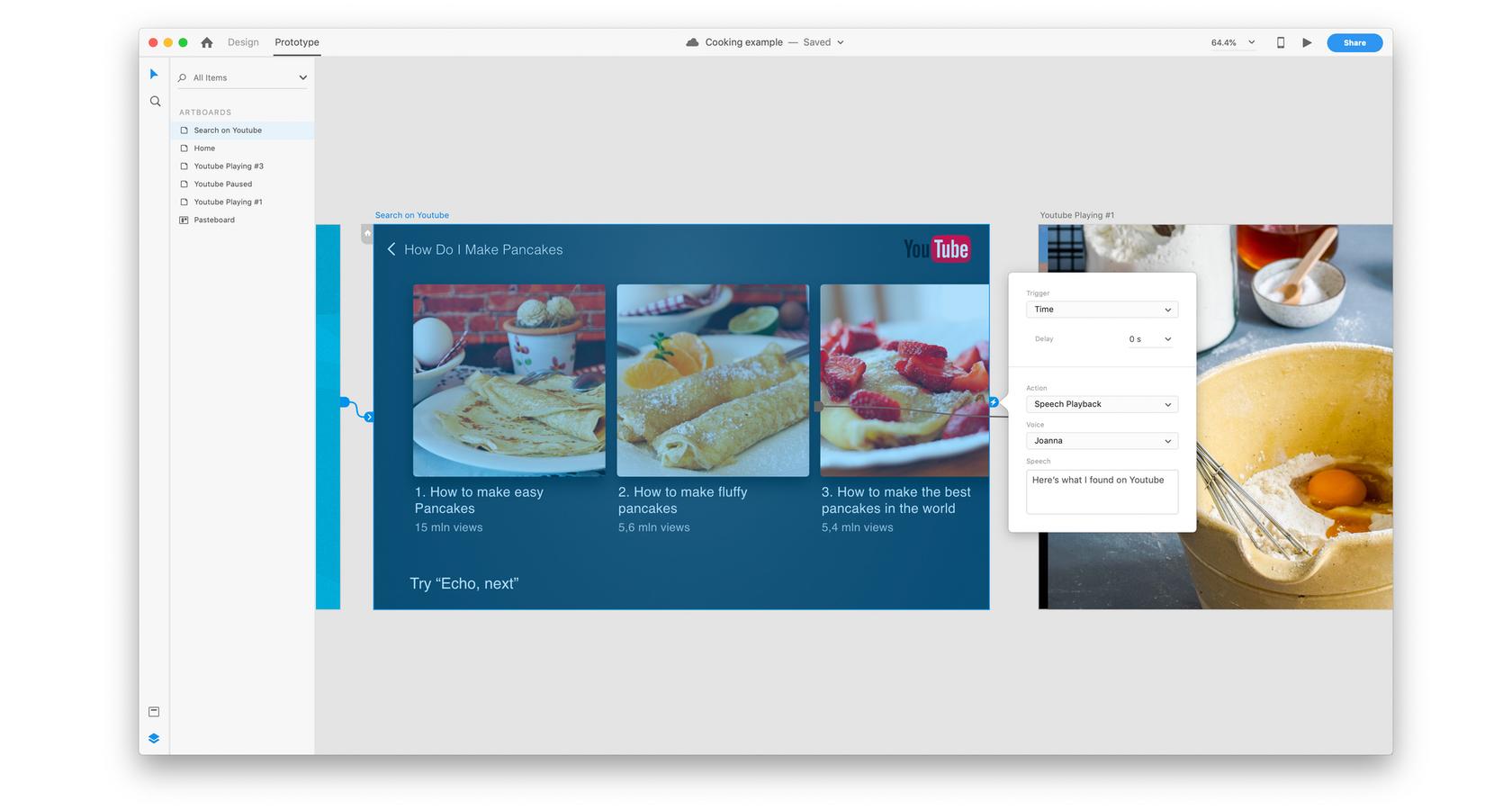 Adobe XD tutorial showing prototype mode and time triggers