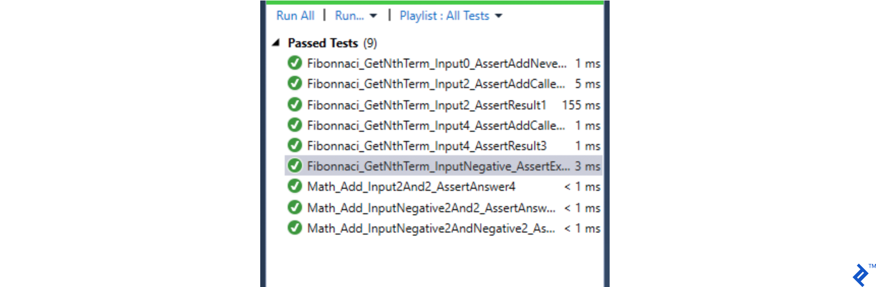 Example of a naming convention set up to easily search for a class or method within a class to be tested.