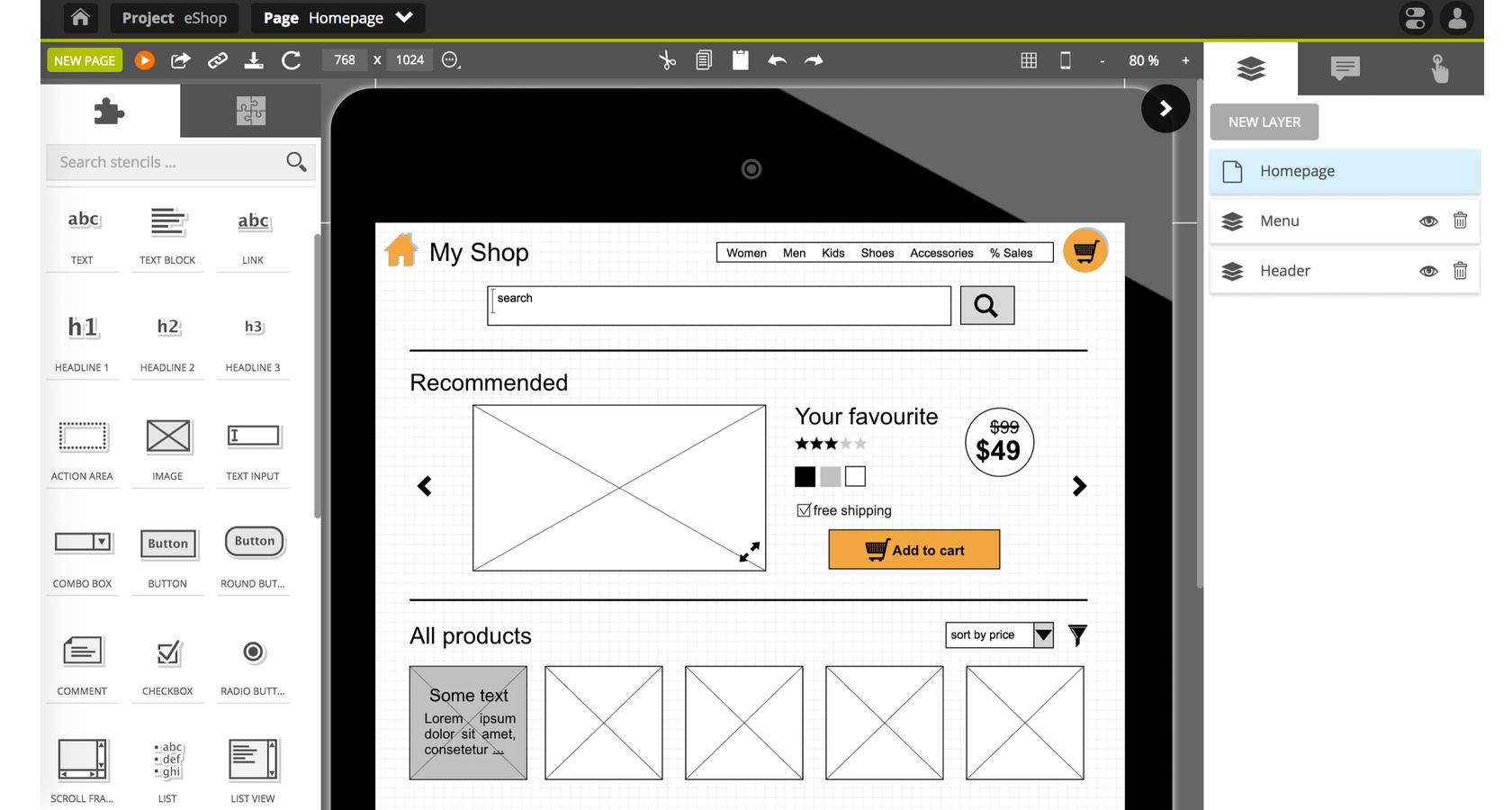 Pidoco is a wireframe design tool with characteristics of larger design systems.